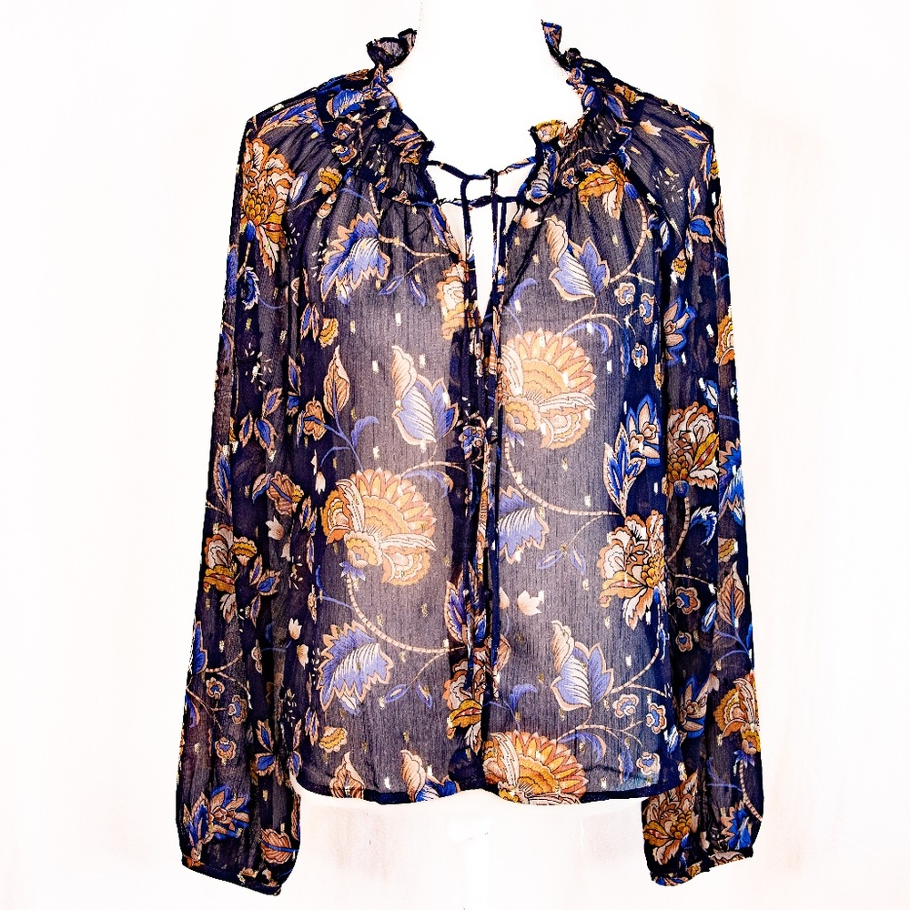 Elegant Sheer Royal Blue Relaxed V Neck Button Down Blouse w/ Ruffled Collar.
